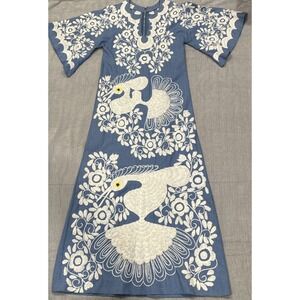 Vintage light blue Cotton Dress embroidered Peacock flowers tropical Sz 32 Beach